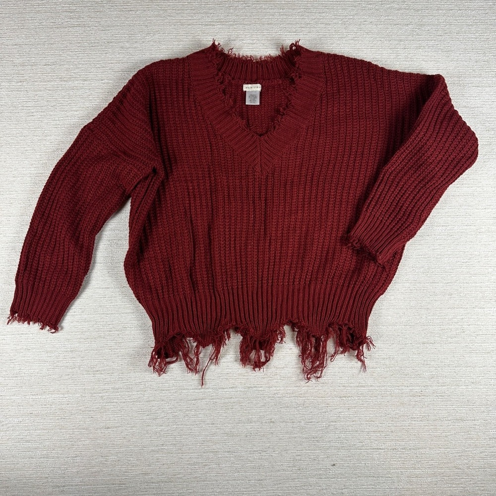 Main Strip Womens XL Distressed Knit Sweater V-Neck Burgundy Grunge Baddie‎ Punk